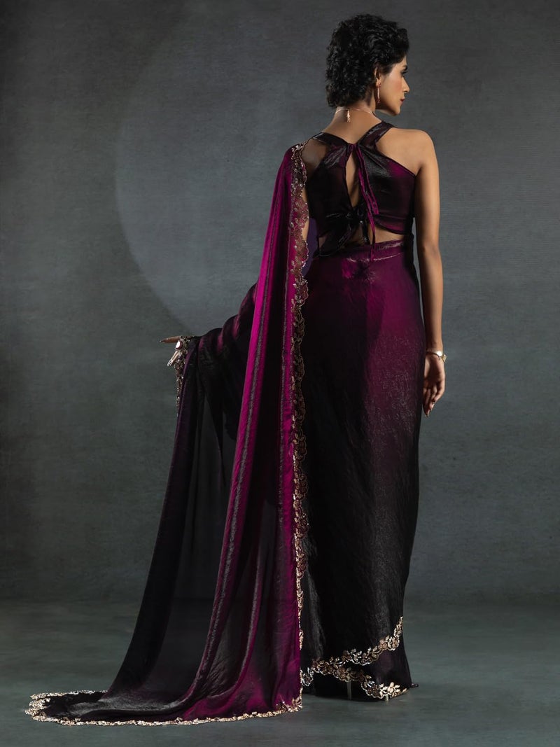 saree mall ساري مول ساري حرير ساتان أرجواني مزين بالخرز والحجارة مع قطعة بلوزة غير مخيطة (MORPNKH1161A_MK) - Image 2