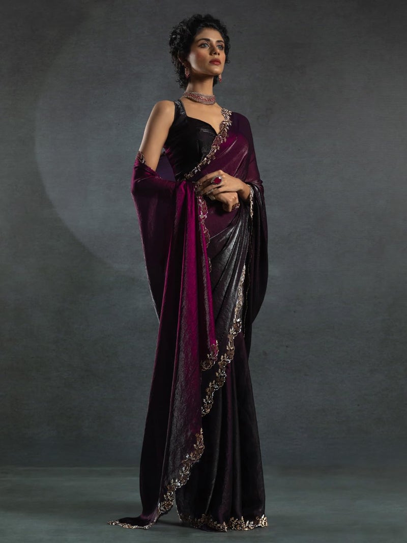 saree mall ساري مول ساري حرير ساتان أرجواني مزين بالخرز والحجارة مع قطعة بلوزة غير مخيطة (MORPNKH1161A_MK) - Image 4