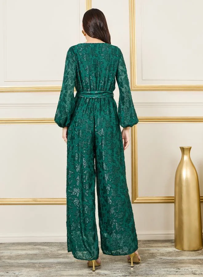 Styli Burnout Lurex Texture Wide Leg Jumpsuit with Self Tie Up