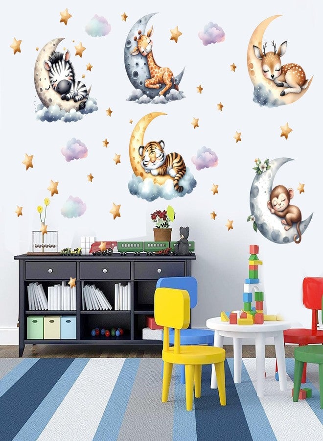 WEWINLE Jungle Animal Wall Decals for Nursery - Removable Safari Animal Stickers for Baby Room, Kids Bedroom & Playroom - Moon and Stars Animals Wall Art Decor for Boys and Girls - Image 1