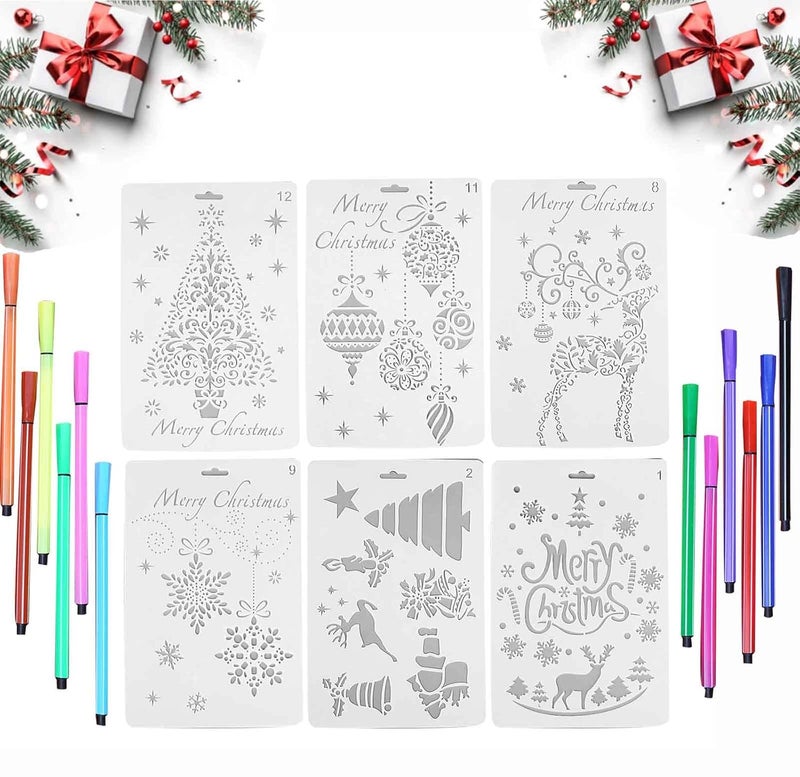 Large Christmas Stencils Reusable Plastic Drawing Templates，DIY Craft Drawing Painting Spraying Windows Wooden Door,Kids Craft Drawing Tracing DIY Art Supplies(6 Stencils+12Paintbrushes)