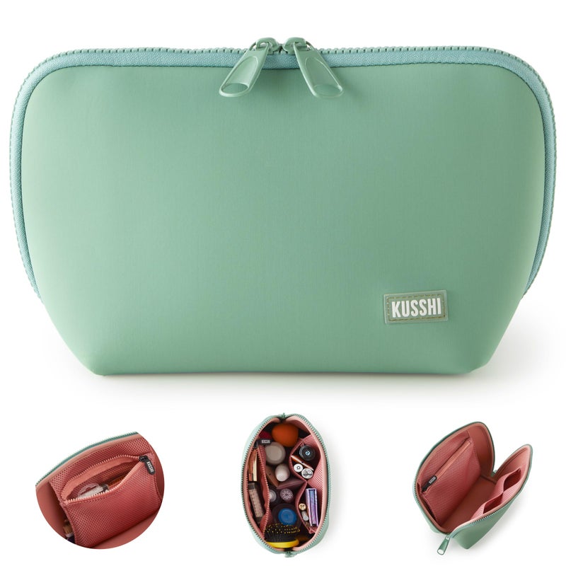 KUSSHI Neoprene Makeup Bag - Washable Makeup Bag for Stress Free Travel (Sage/Coral Rose) - Image 2