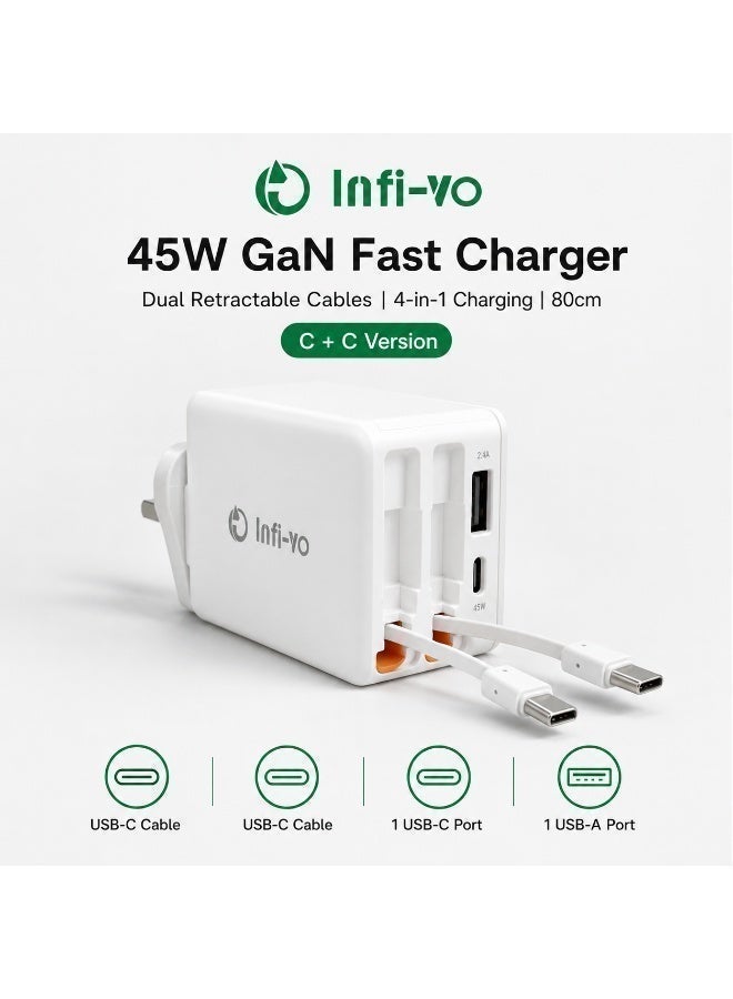 إنفيفو Infivo Type C Fast Charger With 0 8m Dual Retractable Usb C Cables usbc 0.8 M 45W