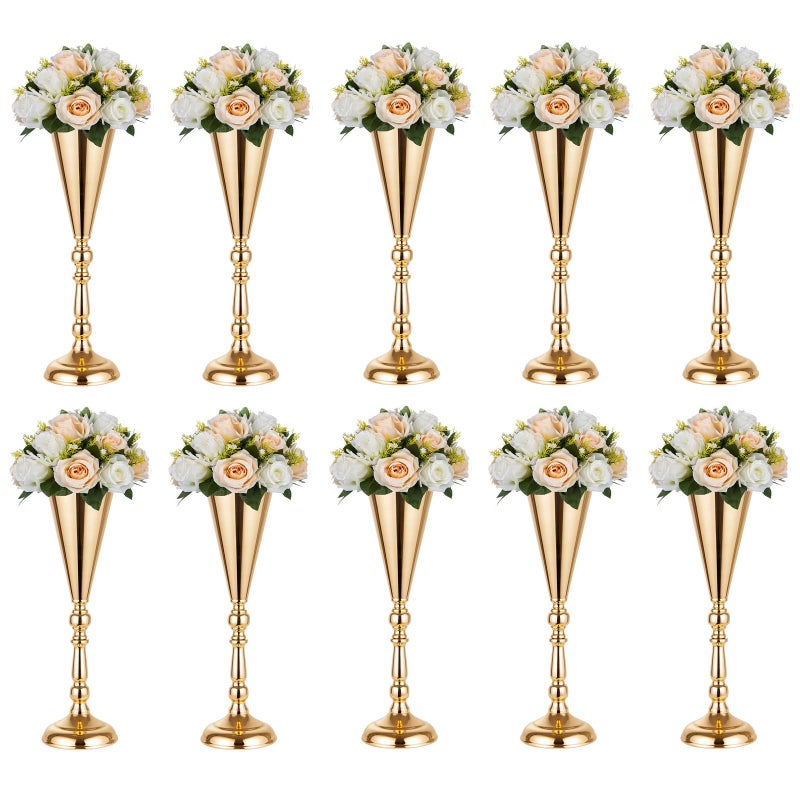 Lovecat 10 Pcs Tabletop Decoration Centerpiece, 14.4in Metal Wedding Flowers Small Gold Vase, Christmas Anniversary Birthday Party Home Decoration Flower Arrangement - Image 1