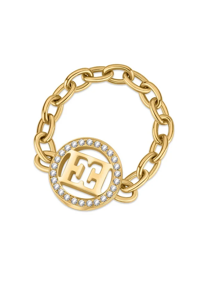 ESCADA Isabella Gold Plated Ring with Iconic Cutout Logo and Chain Link Detail