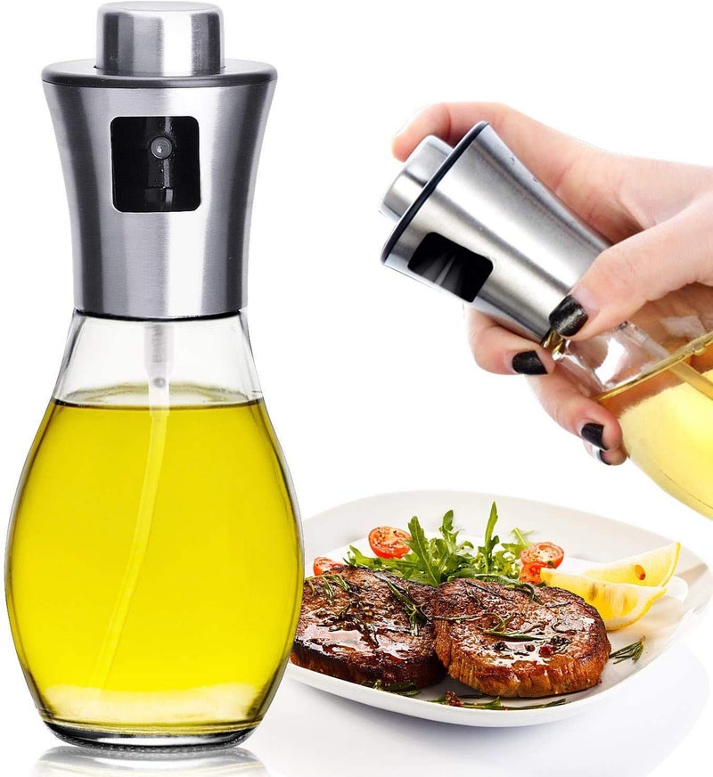 SEMITO 200ml Oil Spray for Cooking Refillable Stainless Steel Oil Dispenser with Mini Funnel Vinegar Glass Spray Bottle for BBQ Salad Baking Grilling Roasting and Frying - Image 1
