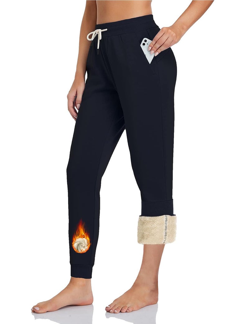Inno Women's 28" 31" 34" 36" Sherpa Polar Fleece Lined Jogger Pants Warm Sweatpants Thermal Athletic Lounge Petite Tall, Black, L, Petite-28 Inseam - Image 1