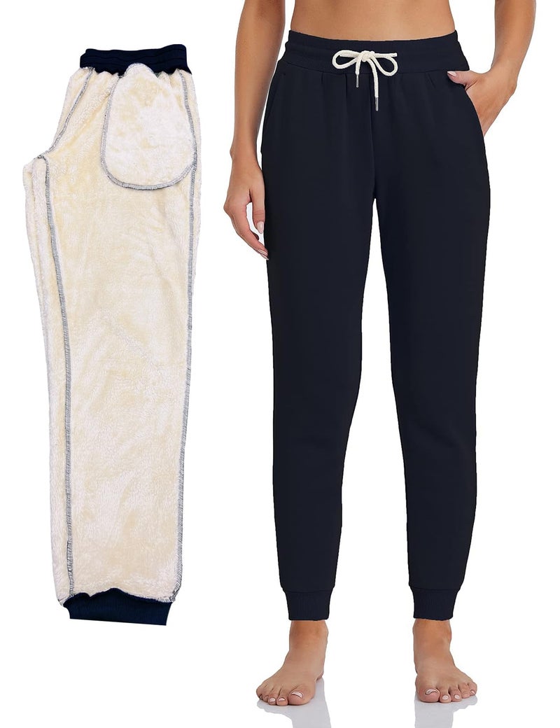 Inno Women's 28" 31" 34" 36" Sherpa Polar Fleece Lined Jogger Pants Warm Sweatpants Thermal Athletic Lounge Petite Tall, Black, L, Petite-28 Inseam - Image 2