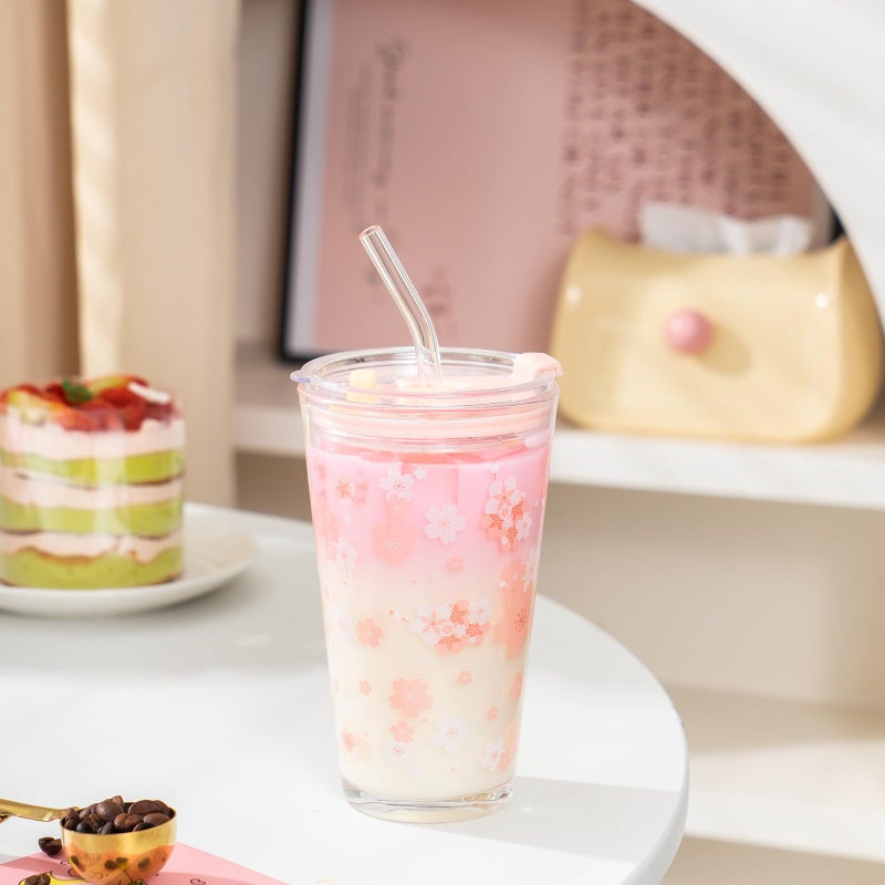 Olvini 15oz Glass Tumbler with Glass Straw and Lid, Cute Iced Coffee Cups, Aesthetic Glass Cups, Coffee Tumbler, Water Cup, Matcha Cup, Drinking Glasses (Cherry blossom) - Image 5