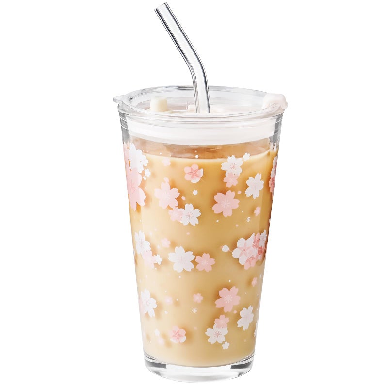 Olvini 15oz Glass Tumbler with Glass Straw and Lid, Cute Iced Coffee Cups, Aesthetic Glass Cups, Coffee Tumbler, Water Cup, Matcha Cup, Drinking Glasses (Cherry blossom) - Image 1