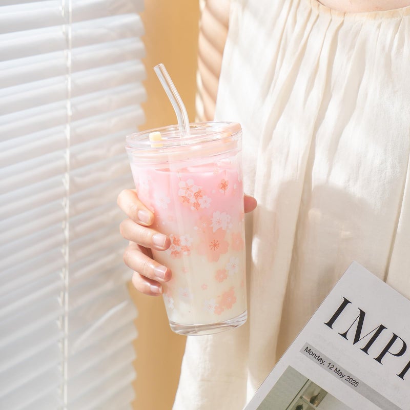 Olvini 15oz Glass Tumbler with Glass Straw and Lid, Cute Iced Coffee Cups, Aesthetic Glass Cups, Coffee Tumbler, Water Cup, Matcha Cup, Drinking Glasses (Cherry blossom) - Image 4