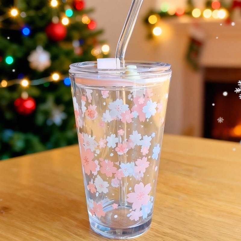 Olvini 15oz Glass Tumbler with Glass Straw and Lid, Cute Iced Coffee Cups, Aesthetic Glass Cups, Coffee Tumbler, Water Cup, Matcha Cup, Drinking Glasses (Cherry blossom) - Image 2