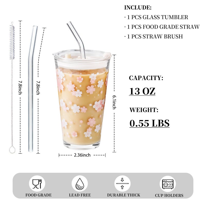 Olvini 15oz Glass Tumbler with Glass Straw and Lid, Cute Iced Coffee Cups, Aesthetic Glass Cups, Coffee Tumbler, Water Cup, Matcha Cup, Drinking Glasses (Cherry blossom) - Image 3