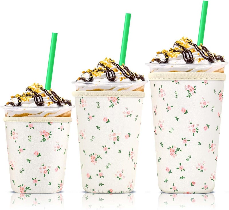 كي بي اكس 3 Pack Iced Coffee Cup Sleeve for Large Sized Cups, Reusable Neoprene Iced Coffee Cup Holder for Hot Cold Drinks, Compatible with Starbucks, Dunkin Donuts, and More（Pink flower） - Image 1