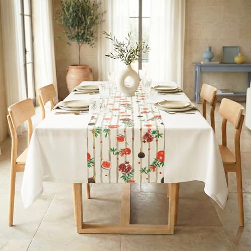 RUSTIQUE LINENS 100% Cotton Printed Table Cloth for 6 to 8 Seater – Water & Stain Resistant Dining Table Cover – Heavyweight, Washable – Ivory Poms (230 x 150 CM) - Image 2