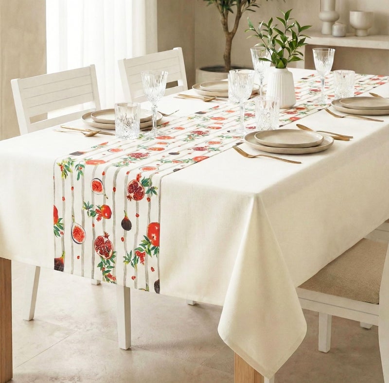 RUSTIQUE LINENS 100% Cotton Printed Table Cloth for 6 to 8 Seater – Water & Stain Resistant Dining Table Cover – Heavyweight, Washable – Ivory Poms (230 x 150 CM) - Image 1