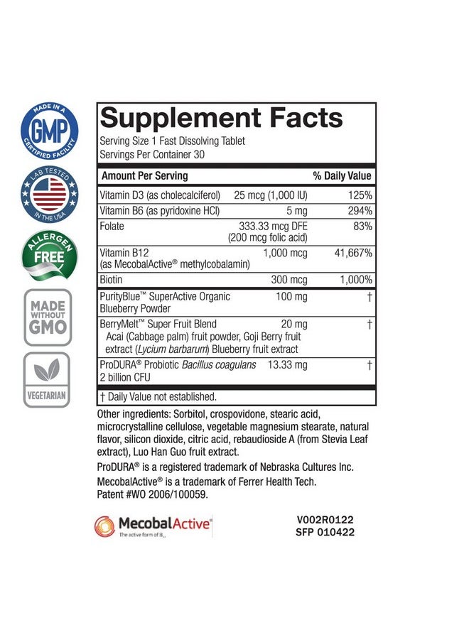 Purity Products - Blueberry Probiotic B12 Energy Melt Produra Clinical Probiotic Organic Blueberries Methylcobalamin B12 30 Melts - Image 1