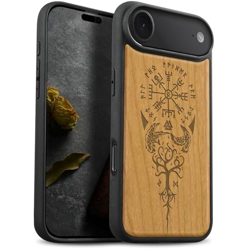 Carveit Magnetic Wooden Case for iPhone Air Case, Wood Artisan Engraved & Soft TPU Shockproof Cover, Compatible with MagSafe 17 Air Wireless Chargers (The Guiding Vegvisir) Cherry - Image 1