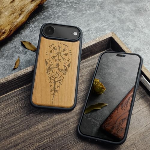 Carveit Magnetic Wooden Case for iPhone Air Case, Wood Artisan Engraved & Soft TPU Shockproof Cover, Compatible with MagSafe 17 Air Wireless Chargers (The Guiding Vegvisir) Cherry - Image 3