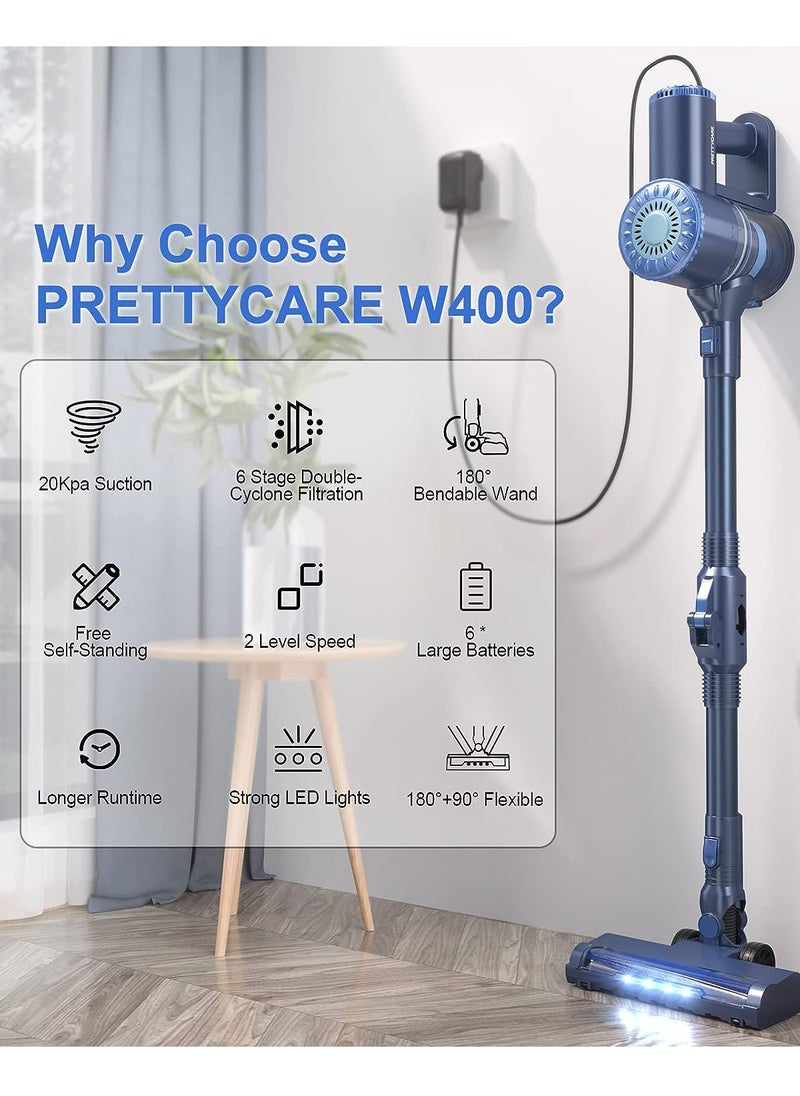 PrettyCare - PrettyCare Cordless Vacuum Cleaner, 6 in 1 Lightweight 180° Bendable Wand Stick Vacuum Self-Standing with 20Kpa Powerful Suction, Rechargeable Cordless Vacuum for Hardwood Floor Pet Hair, W400 - Image 1