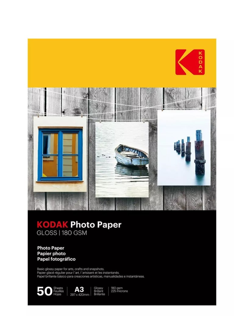 Kodak A3 Glossy Photo Paper 180 GSM, High-Quality Inkjet Printing Paper, 50 Sheets, 297×420mm - Image 1
