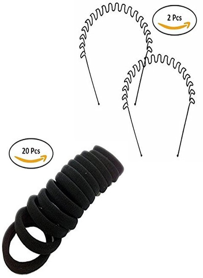 Fok Set Of 20 Pcs Black Cotton Rubber Bands & 2 Pcs Black Metal Wavvy Zigzag Hairbands - Image 1