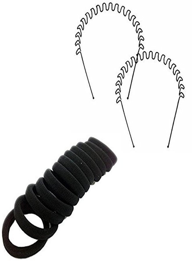 Fok Set Of 20 Pcs Black Cotton Rubber Bands & 2 Pcs Black Metal Wavvy Zigzag Hairbands - Image 2