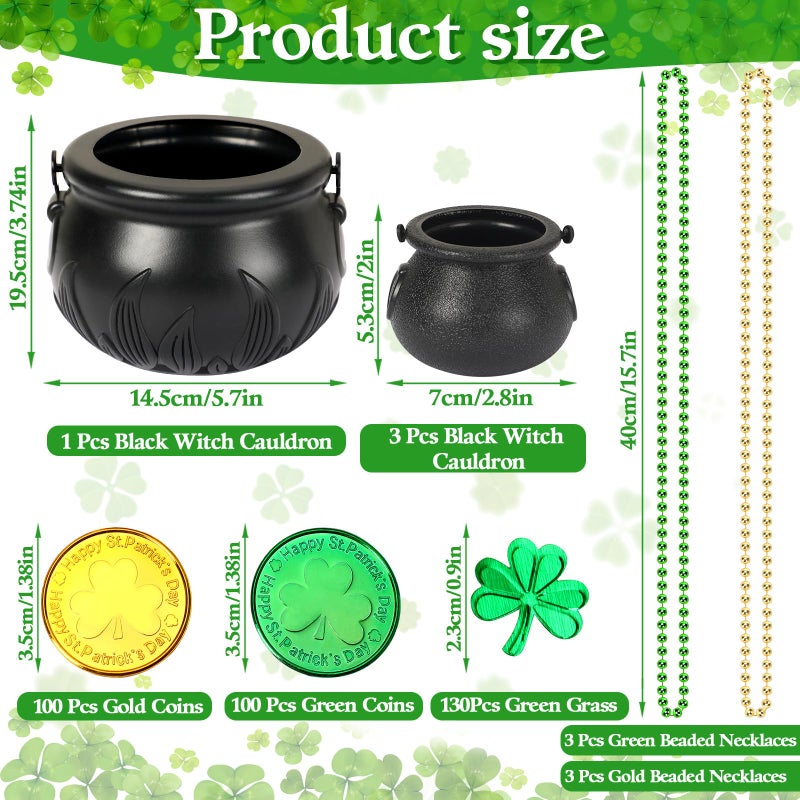 BOARDFEB 340 Pcs St Patricks Day Pot of Gold, 1 Large, 3 Mini Black Leprechaun Cauldron 200 Plastic Gold Coins 6 Beaded Necklaces 130 Shamrock Confetti for St Patricks Day Party Decoration Supply - Image 2