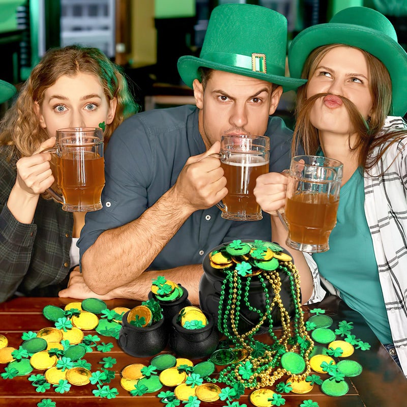BOARDFEB 340 Pcs St Patricks Day Pot of Gold, 1 Large, 3 Mini Black Leprechaun Cauldron 200 Plastic Gold Coins 6 Beaded Necklaces 130 Shamrock Confetti for St Patricks Day Party Decoration Supply - Image 3