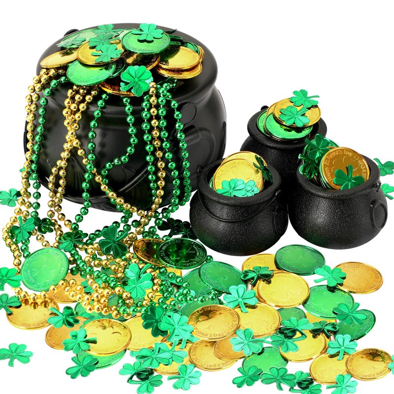 BOARDFEB 340 Pcs St Patricks Day Pot of Gold, 1 Large, 3 Mini Black Leprechaun Cauldron 200 Plastic Gold Coins 6 Beaded Necklaces 130 Shamrock Confetti for St Patricks Day Party Decoration Supply - Image 1