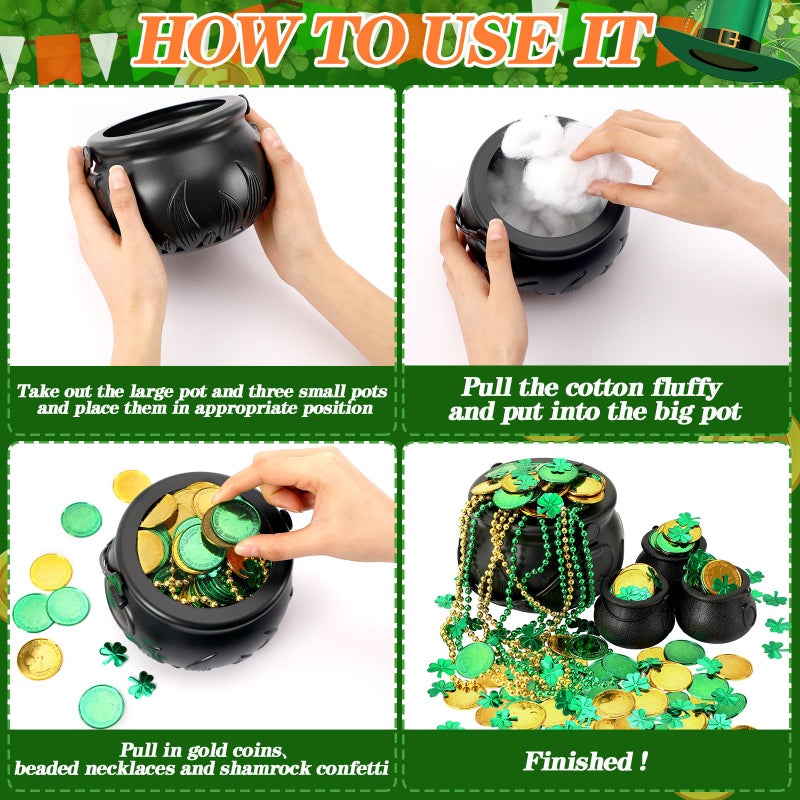 BOARDFEB 340 Pcs St Patricks Day Pot of Gold, 1 Large, 3 Mini Black Leprechaun Cauldron 200 Plastic Gold Coins 6 Beaded Necklaces 130 Shamrock Confetti for St Patricks Day Party Decoration Supply - Image 4