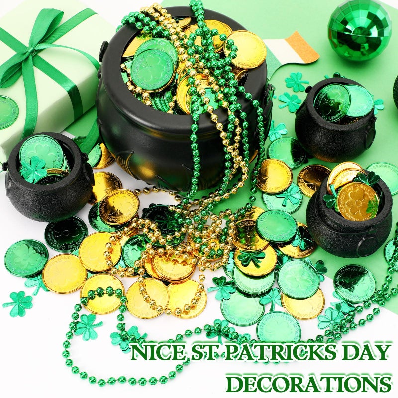 BOARDFEB 340 Pcs St Patricks Day Pot of Gold, 1 Large, 3 Mini Black Leprechaun Cauldron 200 Plastic Gold Coins 6 Beaded Necklaces 130 Shamrock Confetti for St Patricks Day Party Decoration Supply - Image 5