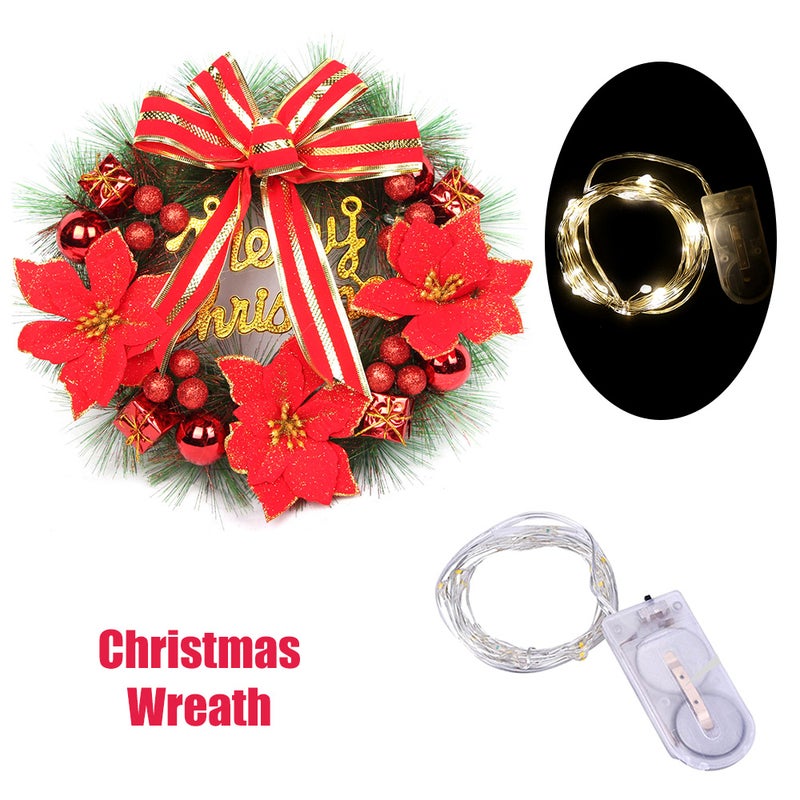 Christmas Wreath with Led String Light Garland Merry Christmas Front Door Wreath Artificial Plants Flower Wall Window Hanging Ornament - Image 2
