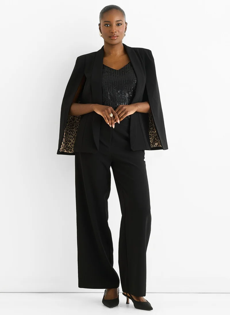 Black Tailored Cape with Leopard Print Lining