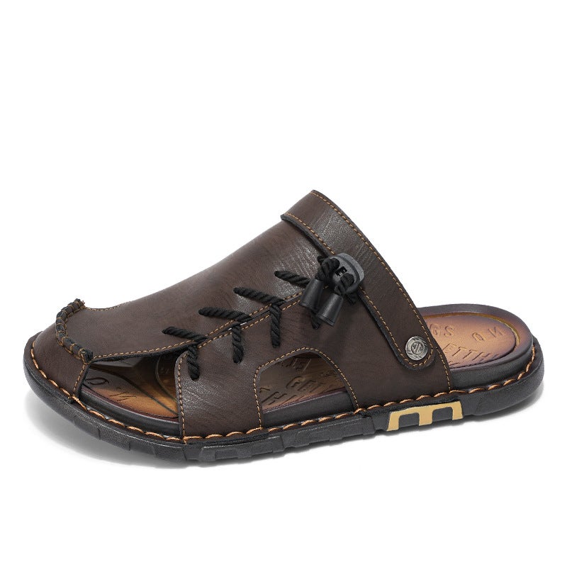 ZAHRAH Men's Closed-Toe Leather Slide Sandals, Summer Casual Beach Shoes, Non-Slip Soft Sole Outdoor Slippers for Men - Image 1