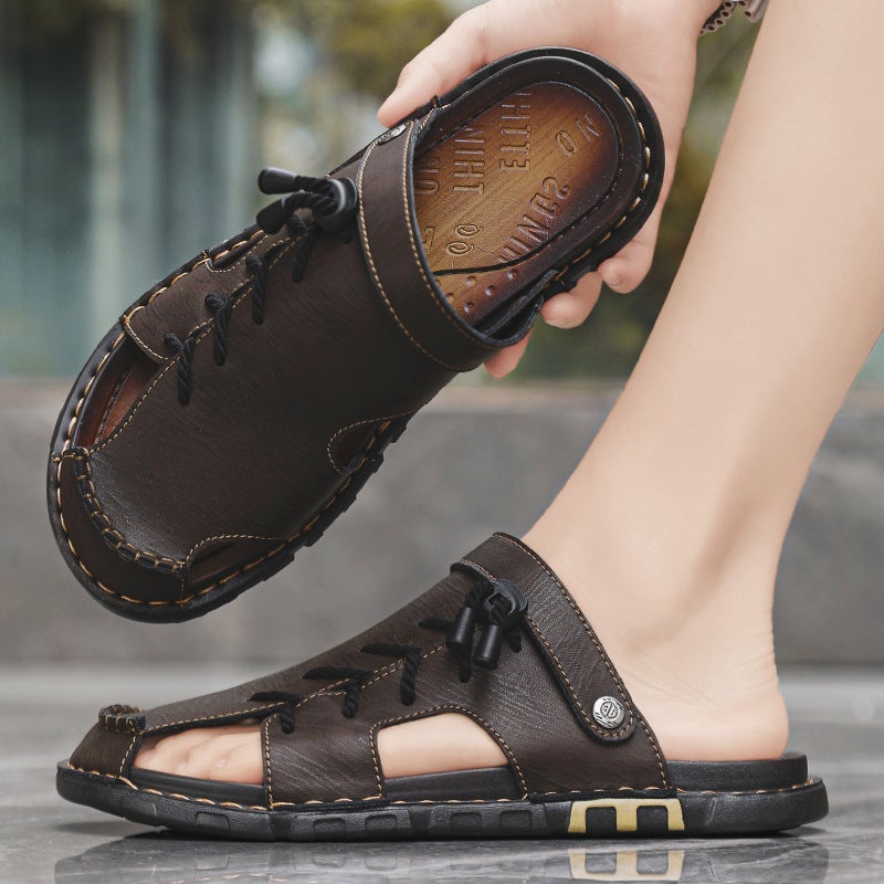 ZAHRAH Men's Closed-Toe Leather Slide Sandals, Summer Casual Beach Shoes, Non-Slip Soft Sole Outdoor Slippers for Men - Image 2