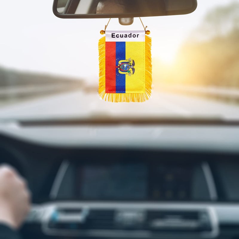 WXTWK 3 X 5 Inch Ecuador Flag Ecuadorian Window Hanging Flag Small Mini Car Flags Banners Rearview Mirror Decoration With Suction Cup Golden Fringy Banner - Image 4