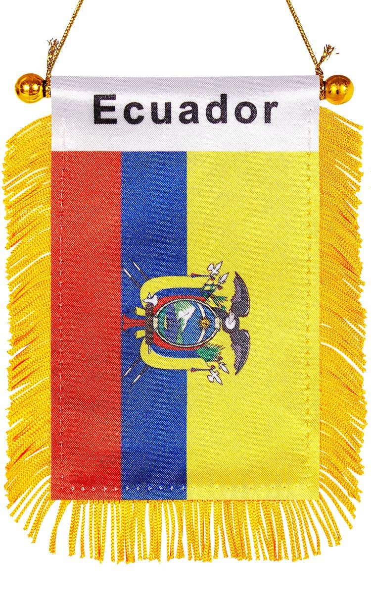 WXTWK 3 X 5 Inch Ecuador Flag Ecuadorian Window Hanging Flag Small Mini Car Flags Banners Rearview Mirror Decoration With Suction Cup Golden Fringy Banner - Image 1
