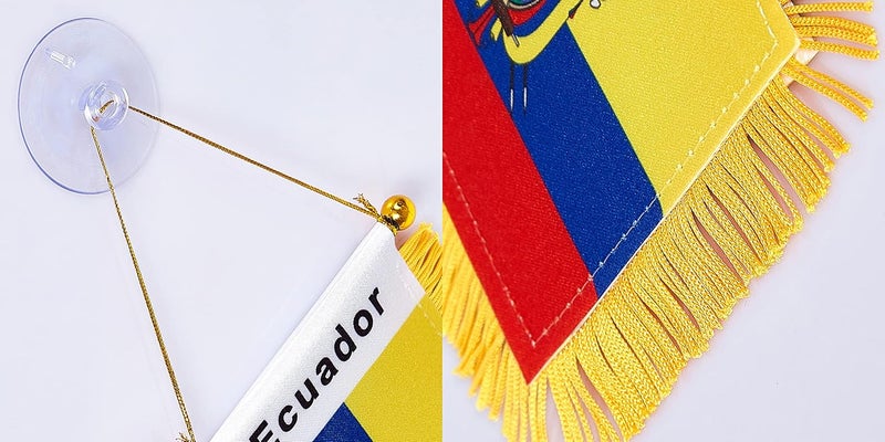 WXTWK 3 X 5 Inch Ecuador Flag Ecuadorian Window Hanging Flag Small Mini Car Flags Banners Rearview Mirror Decoration With Suction Cup Golden Fringy Banner - Image 3