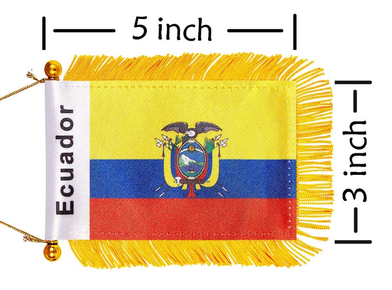 WXTWK 3 X 5 Inch Ecuador Flag Ecuadorian Window Hanging Flag Small Mini Car Flags Banners Rearview Mirror Decoration With Suction Cup Golden Fringy Banner - Image 2