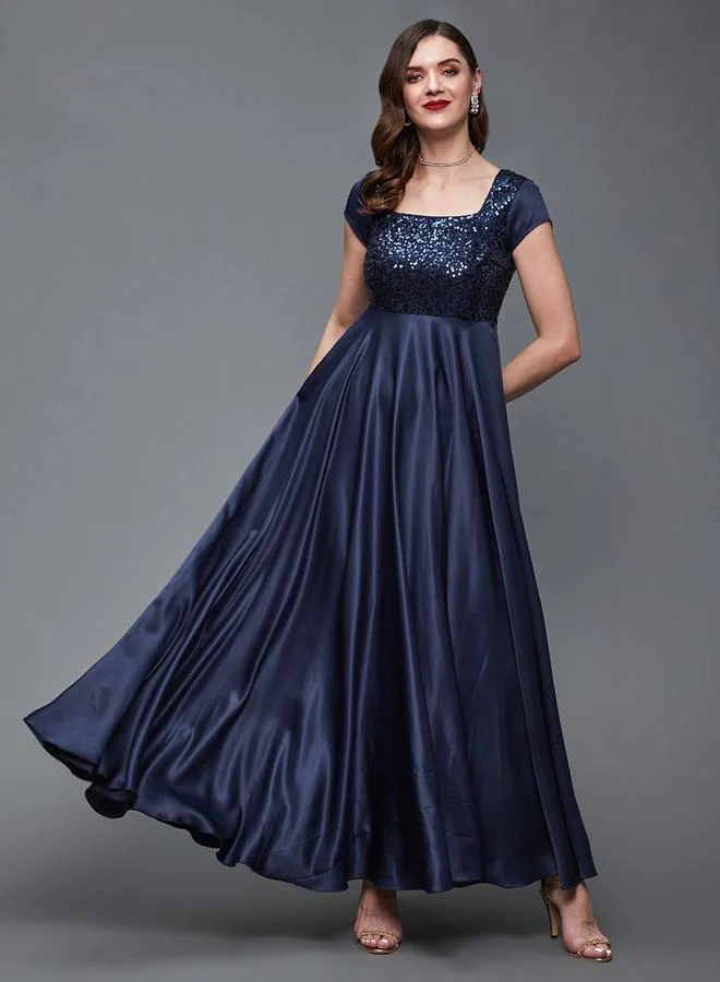 مس تشايس Miss Chase Navy Blue Embellished Maxi Dress