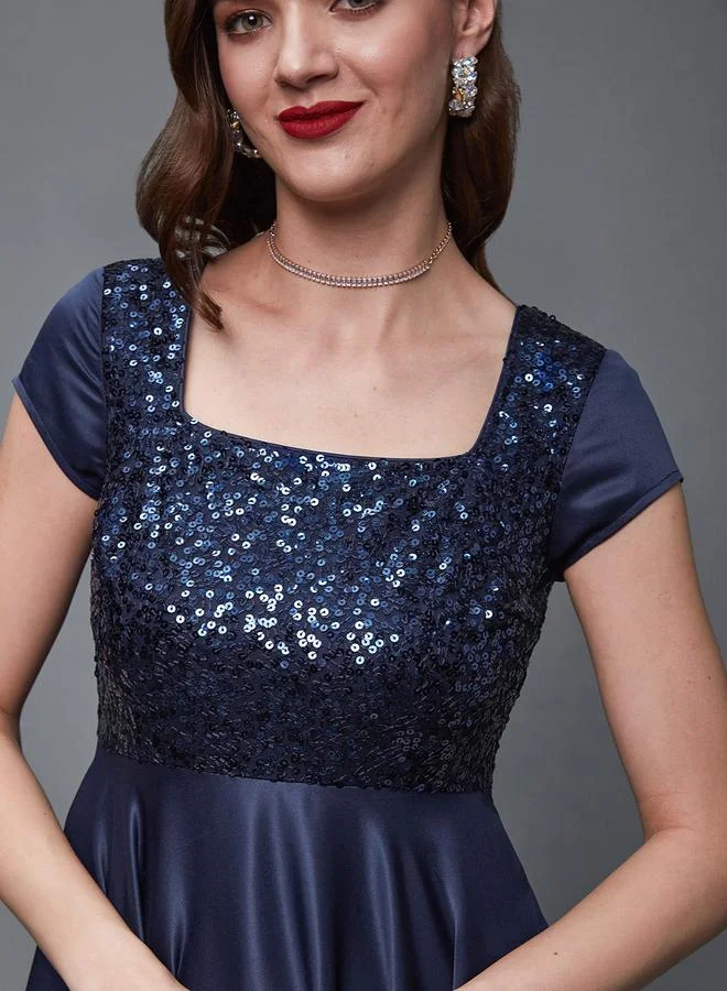 Miss Chase Miss Chase Navy Blue Embellished Maxi Dress
