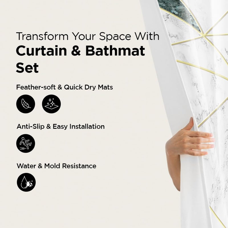 Umai UMAI Shower Curtain (180X180 cm) & Bathmat 3 Pcs Set|6ft|Creative Vibrant Coloured Polyster Curtain Sets with Non-Slip Bath mats for Bathroom|Easy-Slide Curtains|Quick Dry,Soft Mats  - Image 2