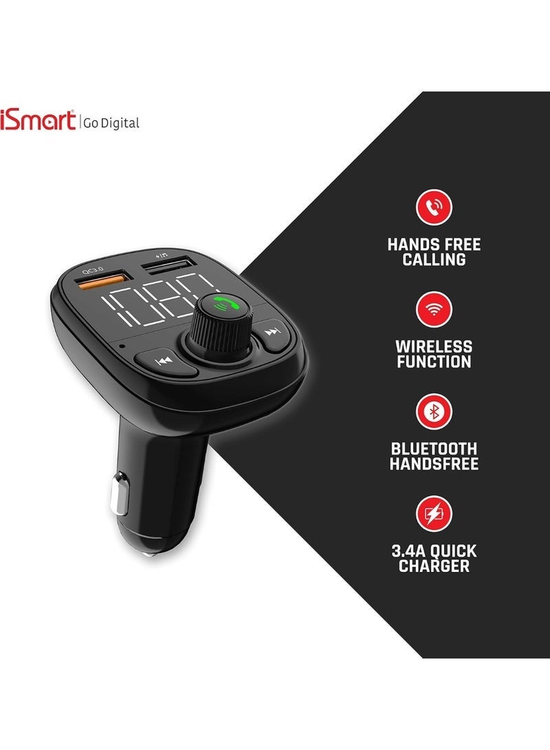 iSmart FM70 Wireless Car FM Modulator – Multifunction Travel Adapter with 3.4A Quick Charger, Large Display, TF Card, AUX, USB & Bluetooth Support – Hands-Free Music & Calls - Image 3