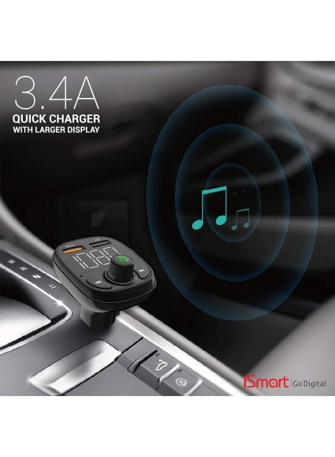 iSmart FM70 Wireless Car FM Modulator – Multifunction Travel Adapter with 3.4A Quick Charger, Large Display, TF Card, AUX, USB & Bluetooth Support – Hands-Free Music & Calls - Image 4