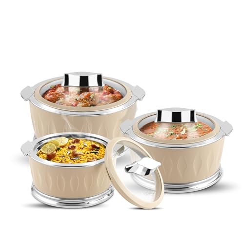 JAYPEE Dazzle Inner Stainless Steel Casserole Set of 3 with Chrome Plated Knob | Lockable Toughened Glass Lid | BPA Free Insulated Casserole Set | Food Grade | Serving Set,1000+1500+2000 ml,Beige - Image 1