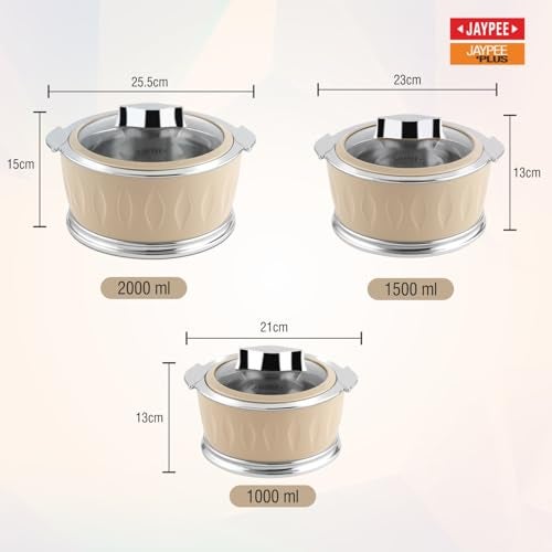 JAYPEE Dazzle Inner Stainless Steel Casserole Set of 3 with Chrome Plated Knob | Lockable Toughened Glass Lid | BPA Free Insulated Casserole Set | Food Grade | Serving Set,1000+1500+2000 ml,Beige - Image 4