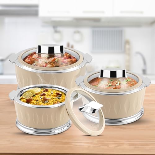 JAYPEE Dazzle Inner Stainless Steel Casserole Set of 3 with Chrome Plated Knob | Lockable Toughened Glass Lid | BPA Free Insulated Casserole Set | Food Grade | Serving Set,1000+1500+2000 ml,Beige - Image 3