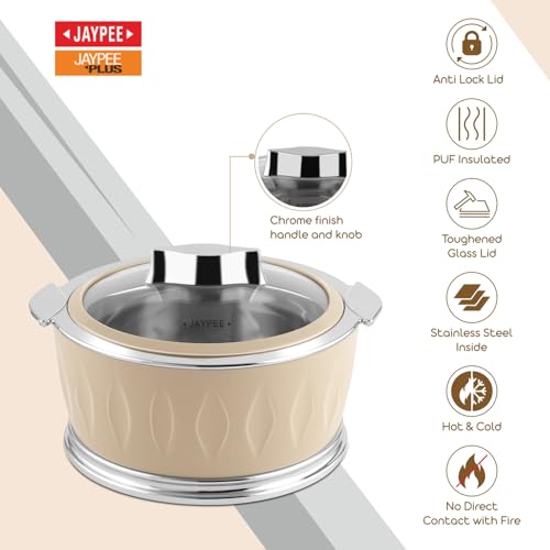 JAYPEE Dazzle Inner Stainless Steel Casserole Set of 3 with Chrome Plated Knob | Lockable Toughened Glass Lid | BPA Free Insulated Casserole Set | Food Grade | Serving Set,1000+1500+2000 ml,Beige - Image 2