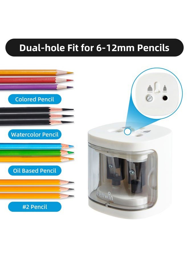 tenwin Electric Pencil Sharpener, Dual Hole Pencil Sharpeners Battery Powered, Small&Portable, Fit for 6-12mm No.2/Colored Pencils, Kids, School/Home (White) - Image 2